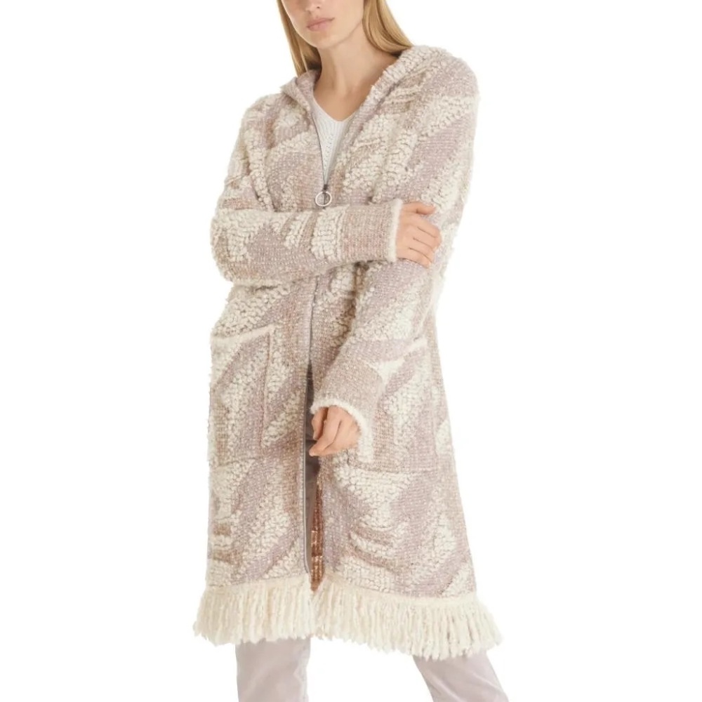 $870 NEW Marc Cain Long Cardigan Hooded Knit Fringe Zip Up Wool Alpaca 8 N3